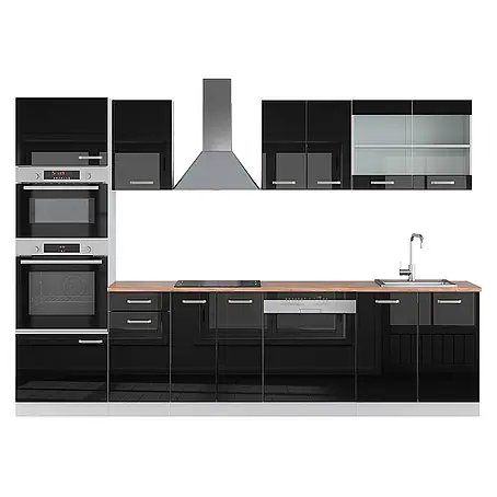 Vicco  Küchenzeile R-Line Schwarz Hochglanz/Weiß mit Hochschrank, AP Eiche