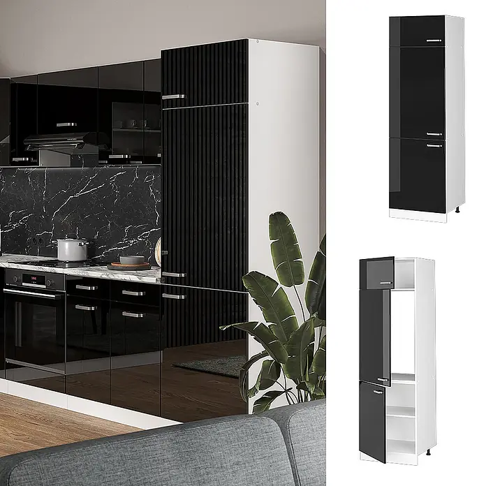 Vicco Schrankküche R-Line Schwarz Hochglanz - Schwarz Hochglanz, Kühlumbauschrank 60 cm - Moderne Küche mit glänzend schwarzen Schränken und einem hohen, schwarz lamellierten Vorratsschrank.