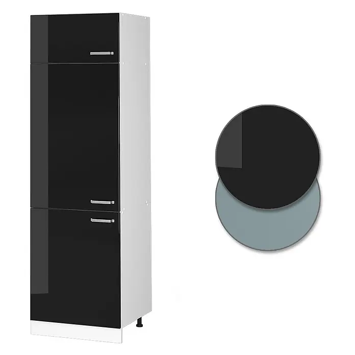 Vicco Schrankküche R-Line Schwarz Hochglanz - Schwarz Hochglanz, Kühlumbauschrank 60 cm - Hoher Aufbewahrungsschrank mit glänzenden schwarzen Türen und hellgrauen Seiten, dargestellt mit schwarzen und hellblau-grauen Farbmustern.
