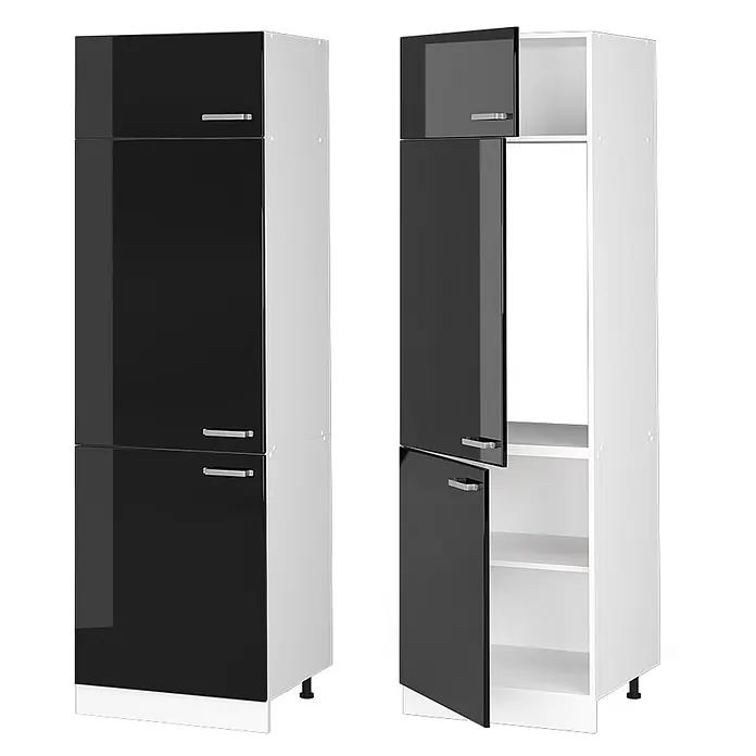 Vicco Schrankküche R-Line Schwarz Hochglanz - Schwarz Hochglanz, Kühlumbauschrank 60 cm - Hoher schwarz-weißer Schrank mit glänzenden Türen, geschlossen und offen mit weißen Regalen dargestellt.