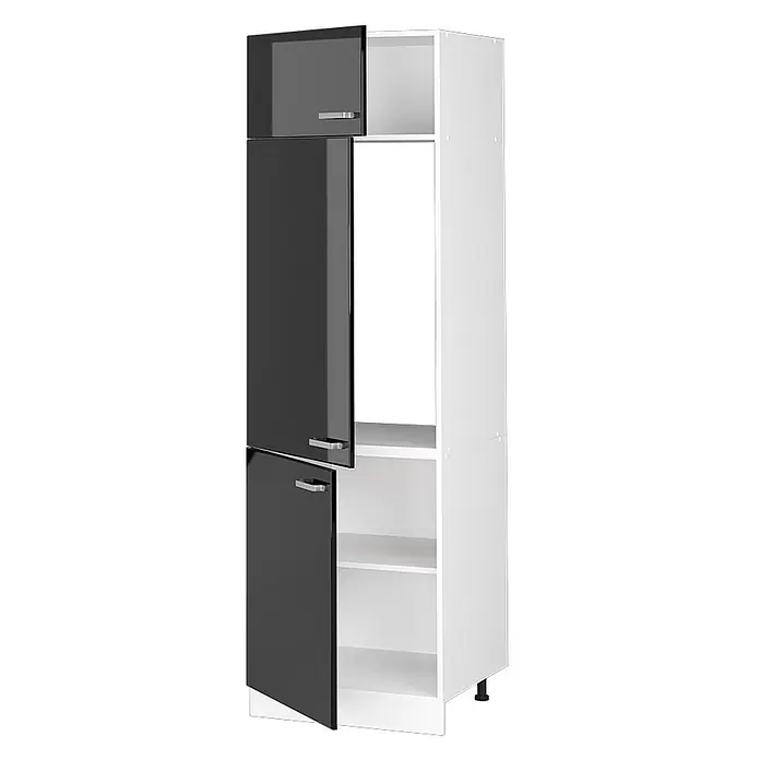 Vicco Schrankküche R-Line Schwarz Hochglanz - Schwarz Hochglanz, Kühlumbauschrank 60 cm - Hoher weißer Schrank mit drei glänzend schwarzen Türen, zwei leicht geöffnet, um Regalböden zu zeigen.