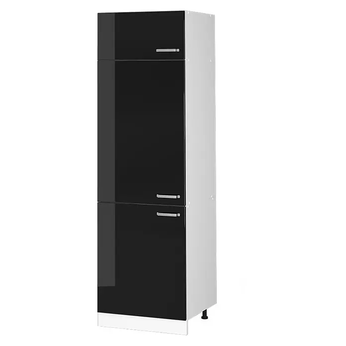 Vicco Schrankküche R-Line Schwarz Hochglanz - Schwarz Hochglanz, Kühlumbauschrank 60 cm - Hoher schwarzer Glanzschrank mit weißen Seiten, drei Türen und silbernen Griffen.