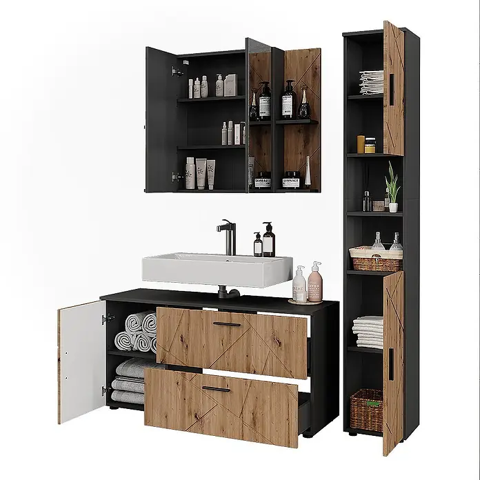 Vicco Badmöbel-Set Irma Anthrazit/Artisan 3 Teile - Anthrazit, Matt - Modernes dunkelgraues Badmöbelset mit Holzoptik-Türen und rechteckigem Waschbecken, bietet viel Stauraum.