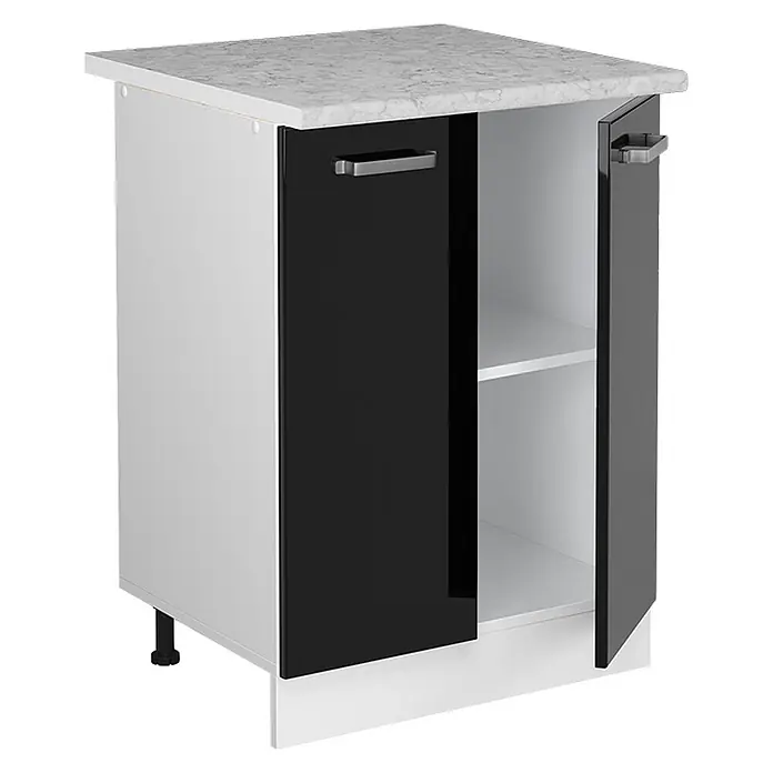 Vicco Schrankküche R-Line Schwarz Hochglanz, AP Marmor - Schwarz Hochglanz, Unterschrank 60 cm, AP Marmor - Weißer Küchenunterschrank mit schwarzen Hochglanztüren, grauer Arbeitsplatte und Einlegeboden, eine Tür teilweise geöffnet.