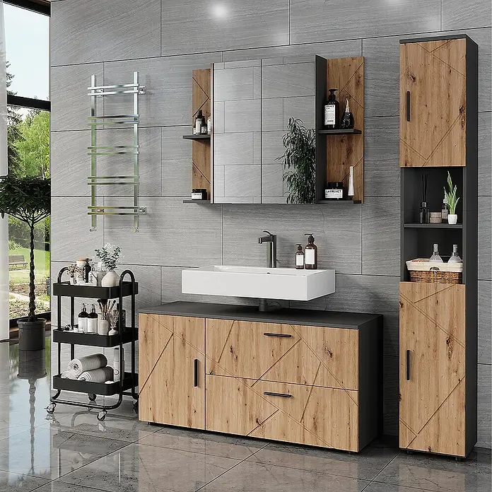 Vicco Badmöbel-Set Irma Anthrazit/Artisan 3 Teile - Anthrazit, Matt - Modernes Badmöbelset: Holzoptik-Waschtisch mit weißem Becken, Spiegelschrank, Hochschrank und schwarzem Rollwagen.