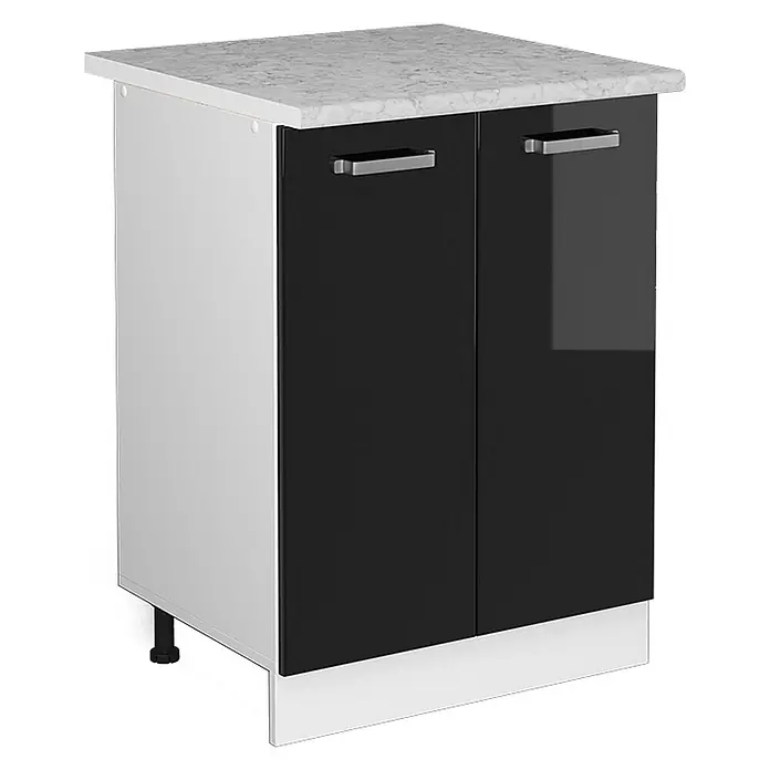 Vicco Schrankküche R-Line Schwarz Hochglanz, AP Marmor - Schwarz Hochglanz, Unterschrank 60 cm, AP Marmor - Weißer Küchenunterschrank mit Marmoroptik-Arbeitsplatte, glänzenden schwarzen Türen und silbernen Griffen.