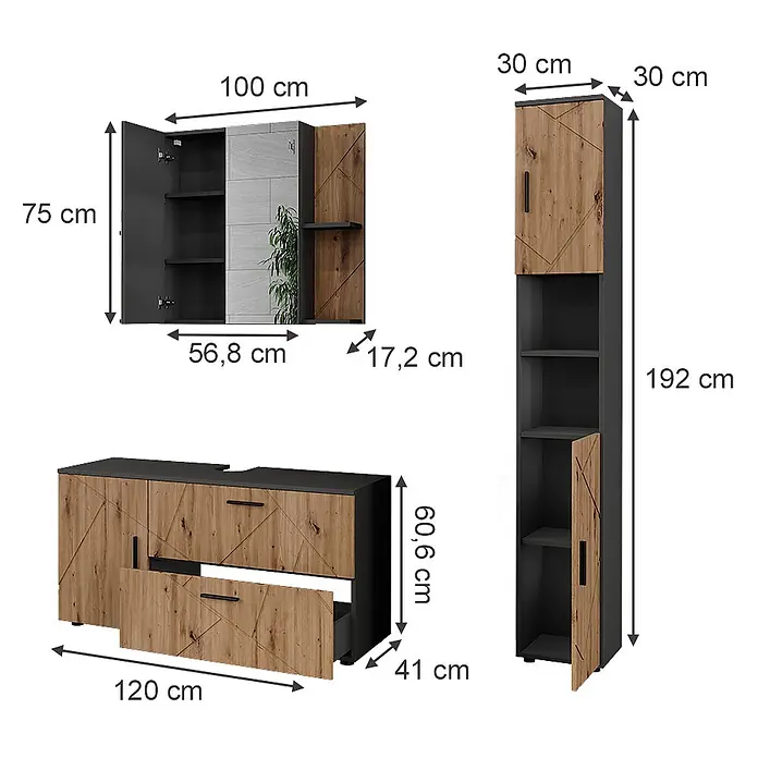 Vicco Badmöbel-Set Irma Anthrazit/Artisan 3 Teile - Anthrazit, Matt - Modernes Badmöbel-Set in Dunkelgrau und Holzoptik mit geometrischen Mustern, bestehend aus Wand-, Waschbecken- und Hochschrank, inklusive Maßen.