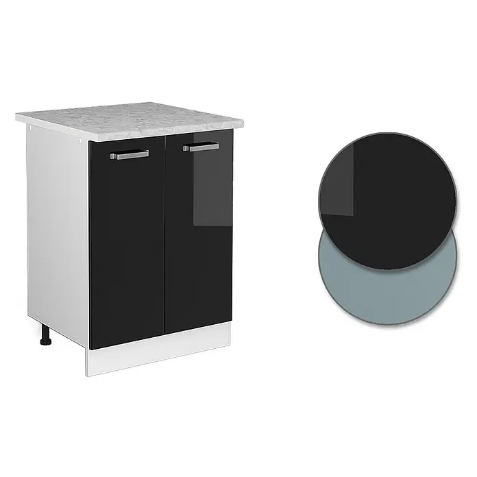 Vicco Schrankküche R-Line Schwarz Hochglanz, AP Marmor - Schwarz Hochglanz, Unterschrank 60 cm, AP Marmor - Weißer Küchenunterschrank mit glänzend schwarzen Türen, silbernen Griffen, gesprenkelter Arbeitsplatte und dunklen sowie hellgrauen Farbmustern.