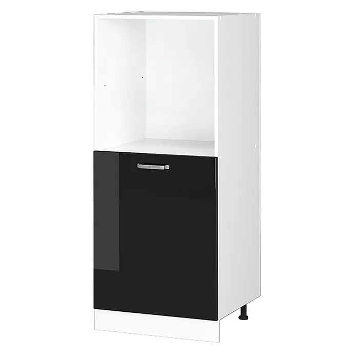 Vicco Schrankküche R-Line Schwarz Hochglanz - Schwarz Hochglanz, Backofenumbauschrank 60 cm (halb) - Weißer Küchenschrank mit offenem Oberfach und glänzend schwarzer Tür mit silbernem Griff unten.