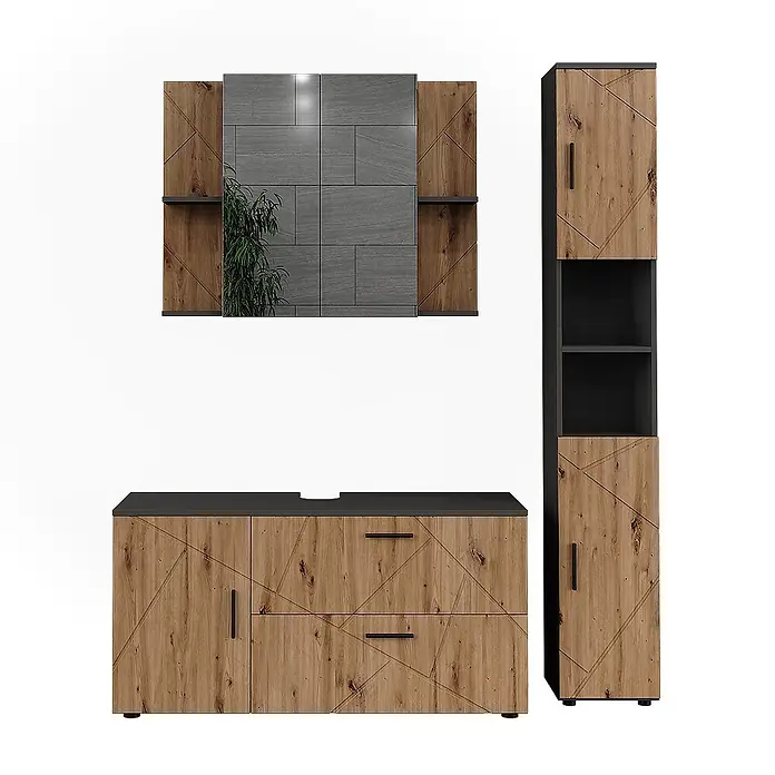 Vicco Badmöbel-Set Irma Anthrazit/Artisan 3 Teile - Anthrazit, Matt - Badezimmermöbel-Set in rustikaler Holzoptik mit schwarzen Akzenten und geometrischen Mustern.