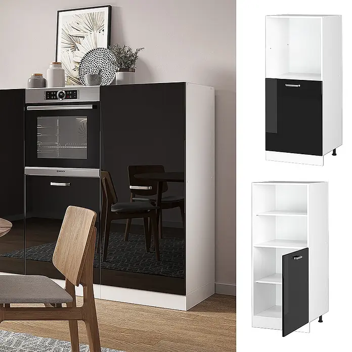 Vicco Schrankküche R-Line Schwarz Hochglanz - Schwarz Hochglanz, Backofenumbauschrank 60 cm (halb) - Weiße Hochschränke für die Küche mit schwarzen Hochglanzfronten, in moderner Umgebung und als Einzelmodule dargestellt.