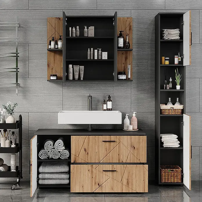 Vicco Badmöbel-Set Irma Anthrazit/Artisan 3 Teile - Anthrazit, Matt - Modernes Badmöbel-Set mit Holz- und dunkelgrauen Schränken, weißem Waschbecken und Wandstauraum.