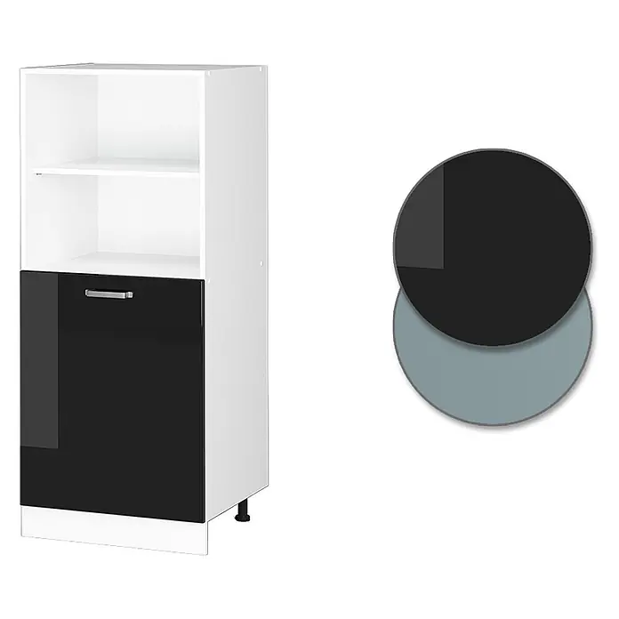 Vicco Schrankküche R-Line Schwarz Hochglanz - Schwarz Hochglanz, Backofenumbauschrank 60 cm (halb) - Weißer Schrank mit offenen Regalen und schwarzer Tür, gezeigt mit schwarzen und blaugrauen Farboptionen.