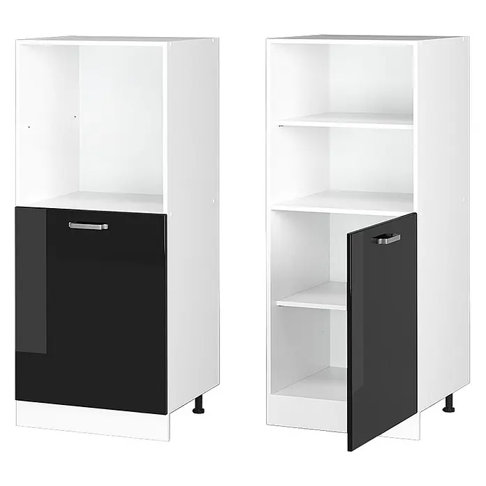 Vicco Schrankküche R-Line Schwarz Hochglanz - Schwarz Hochglanz, Backofenumbauschrank 60 cm (halb) - Weißer Küchenschrank mit glänzender schwarzer Tür, gezeigt mit offenem Fach und Innenregalen.