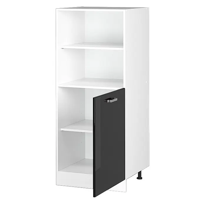Vicco Schrankküche R-Line Schwarz Hochglanz - Schwarz Hochglanz, Backofenumbauschrank 60 cm (halb) - Weißer Lagerschrank mit offenen Regalen und einer schwarzen Tür unten, silbernem Griff und verstellbaren Füßen.