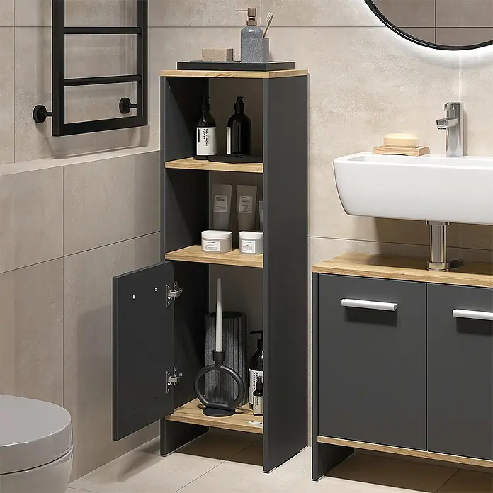 Vicco Badmöbel-Set Karli Anthrazit/Goldkraft Eiche 2 Teile - Anthrazit, Matt - Hoher, dunkelgrauer Badschrank mit hellen Holzablagen und offener Bodentür zur Aufbewahrung.