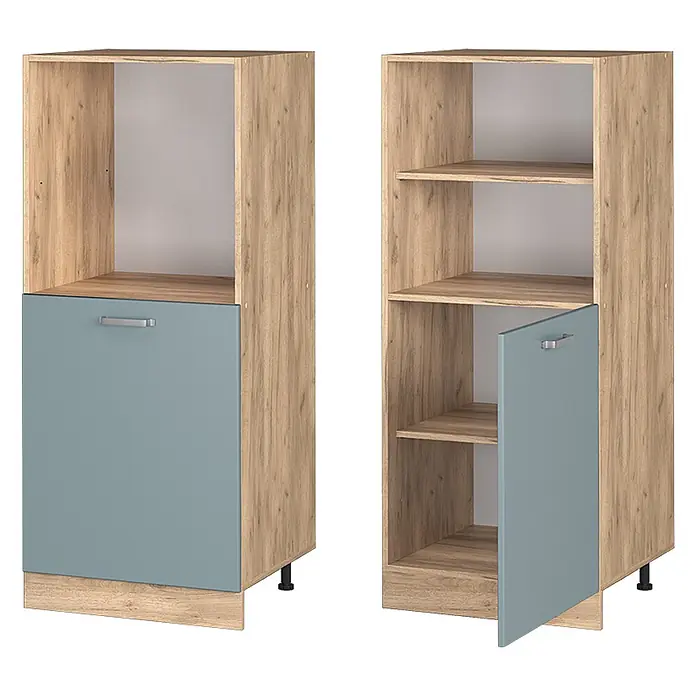 Vicco Schrankküche R-Line Blau-Grau - Blau-Grau, Backofenumbauschrank 60 cm (halb) - Zwei hohe Küchenschränke in Holzoptik mit blaugrauen Fronten; einer für Ofen/Mikrowelle, einer mit Einlegeböden und Bodentür.