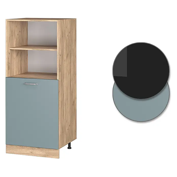 Vicco Schrankküche R-Line Blau-Grau - Blau-Grau, Backofenumbauschrank 60 cm (halb) - Hoher Schrank: helle Holzoptik, zwei offene Fächer, blaugraue Tür mit silbernem Griff.