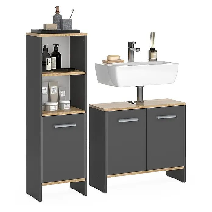 Vicco Badmöbel-Set Karli Anthrazit/Goldkraft Eiche 2 Teile - Anthrazit, Matt - Dunkelgraue Badmöbel-Set mit hellen Holzdetails: ein Hochschrank und ein Waschtischunterschrank mit weißem Waschbecken.