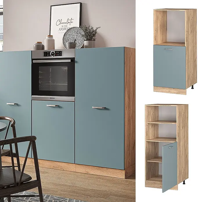 Vicco Schrankküche R-Line Blau-Grau - Blau-Grau, Backofenumbauschrank 60 cm (halb) - Blaugrauer Küchenschrank mit hellen Holzseiten und integriertem Ofenfach, bietet modernen Stauraum.
