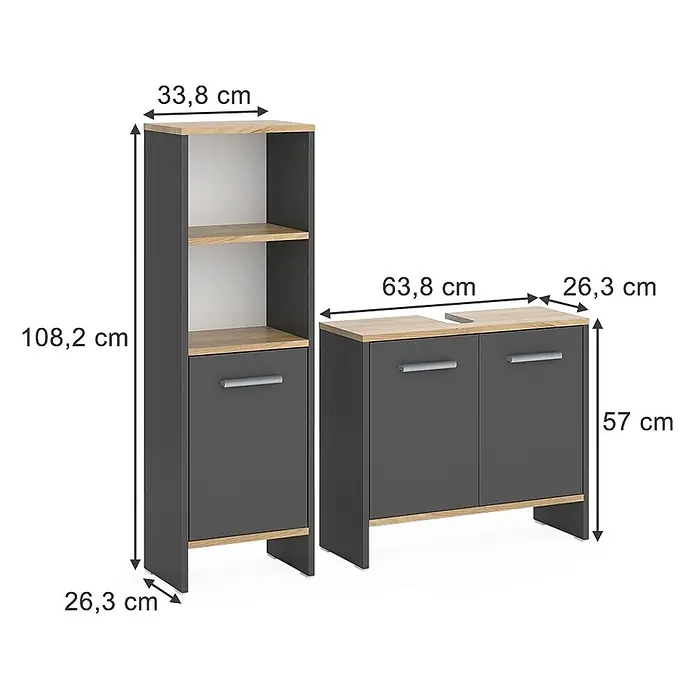 Vicco Badmöbel-Set Karli Anthrazit/Goldkraft Eiche 2 Teile - Anthrazit, Matt - Zwei Badschränke in Dunkelgrau und hellem Holz: ein Hochschrank und ein Waschbeckenunterschrank mit Waschtischausschnitt.