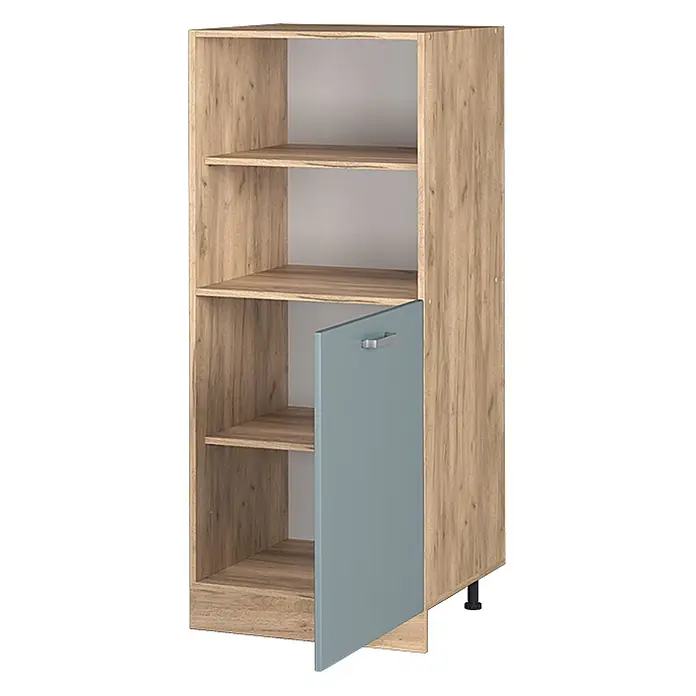 Vicco Schrankküche R-Line Blau-Grau - Blau-Grau, Backofenumbauschrank 60 cm (halb) - Hoher Holzschrank mit offenen Regalen und einer blaugrauen Tür mit silbernem Griff unten rechts.