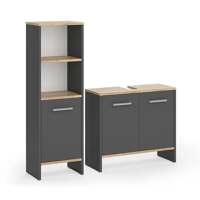 Vicco Badmöbel-Set Karli Anthrazit/Goldkraft Eiche 2 Teile - Anthrazit, Matt - Badmöbel-Set in Dunkelgrau und heller Holzoptik, bestehend aus Hochschrank mit offenen Fächern und Waschbeckenunterschrank.