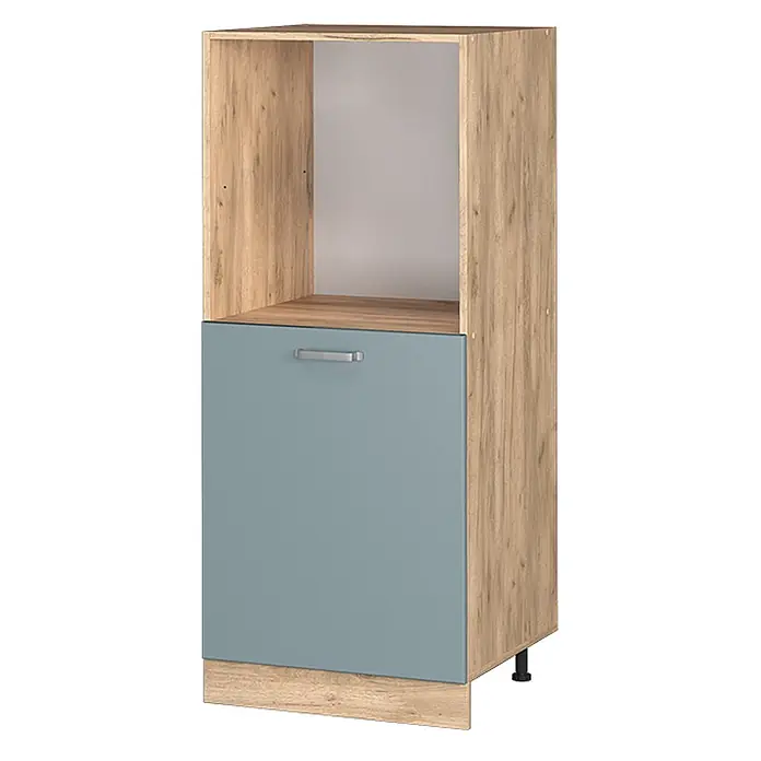 Vicco Schrankküche R-Line Blau-Grau - Blau-Grau, Backofenumbauschrank 60 cm (halb) - Hoher Küchenschrank mit offener Nische oben für Geräte und einer blaugrauen Tür unten, in heller Holzoptik.
