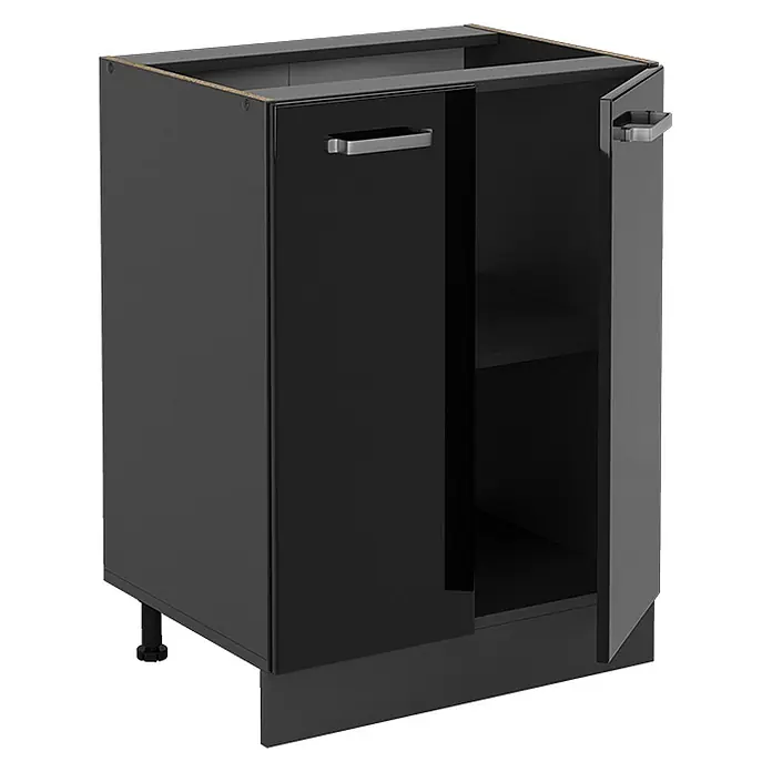 Vicco Schrankküche R-Line Schwarz Hochglanz ohne Arbeitsplatte - Schwarz Hochglanz, Unterschrank 60 cm - Schwarzer Küchenunterschrank mit zwei Türen, eine leicht geöffnet, zeigt ein Regal, mit silbernen Griffen.