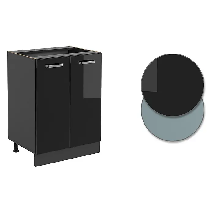 Vicco Schrankküche R-Line Schwarz Hochglanz ohne Arbeitsplatte - Schwarz Hochglanz, Unterschrank 60 cm - Schwarzer Hochglanz-Unterschrank mit zwei Türen und silbernen Griffen.