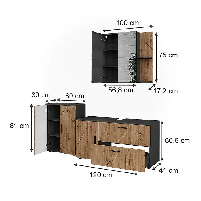 Vicco Badmöbel-Set Irma Anthrazit/Artisan 3 Teile - Anthrazit, Matt - Modernes moduläres Möbelset in Anthrazit und Holzoptik mit geometrischem Muster, bestehend aus Hängeschrank und Sideboard mit Türen und Schubladen.