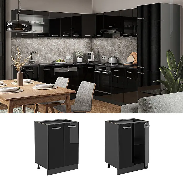 Vicco Schrankküche R-Line Schwarz Hochglanz ohne Arbeitsplatte - Schwarz Hochglanz, Unterschrank 60 cm - Schwarze Hochglanz-Küchenunterschränke, Teil einer modernen Küche und als einzelne Module dargestellt.