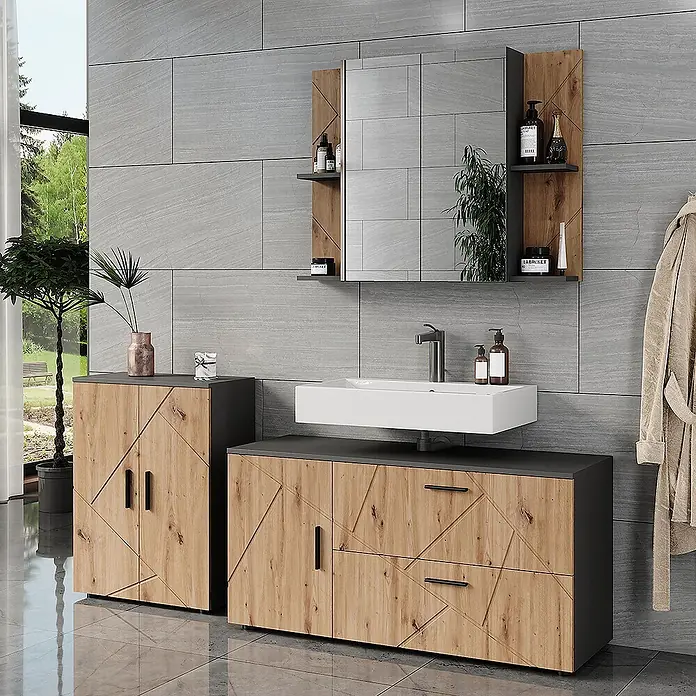 Vicco Badmöbel-Set Irma Anthrazit/Artisan 3 Teile - Anthrazit, Matt - Modernes Badmöbel-Set mit hellen Holzschränken, geometrischem Muster, dunkelgrauen Akzenten, weißem Waschbecken und Spiegelschrank mit Ablagen.