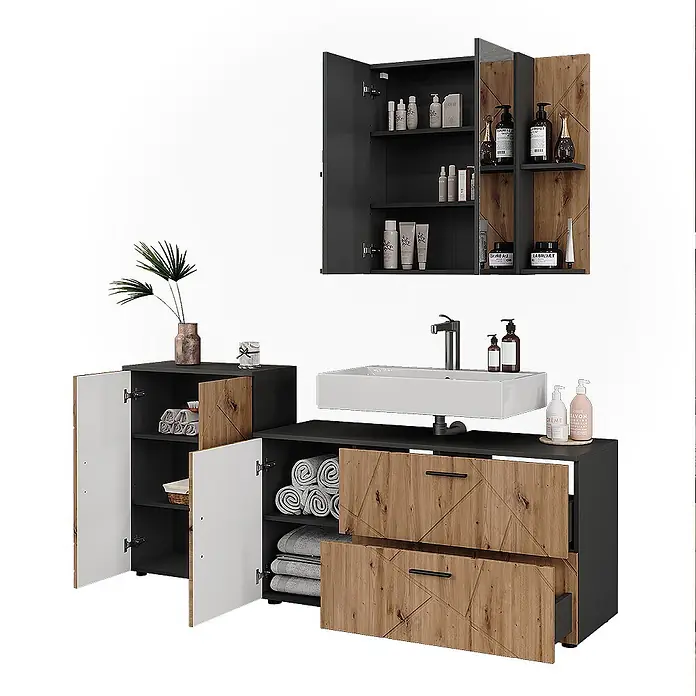 Vicco Badmöbel-Set Irma Anthrazit/Artisan 3 Teile - Anthrazit, Matt - Modernes dunkelgraues und Holz-Look Badmöbelset mit Waschbecken, Wand- und Beistellschrank, geometrische Muster.