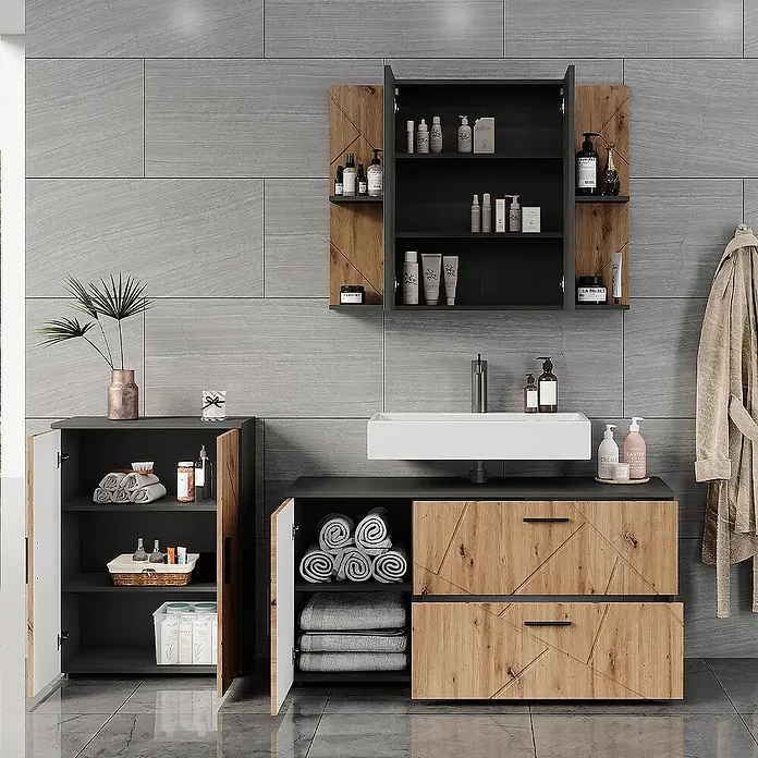 Vicco Badmöbel-Set Irma Anthrazit/Artisan 3 Teile - Anthrazit, Matt - Modernes Badezimmermöbel-Set in Dunkelgrau und hellem Holz mit Waschbecken, Wandschrank und Seitenablage.