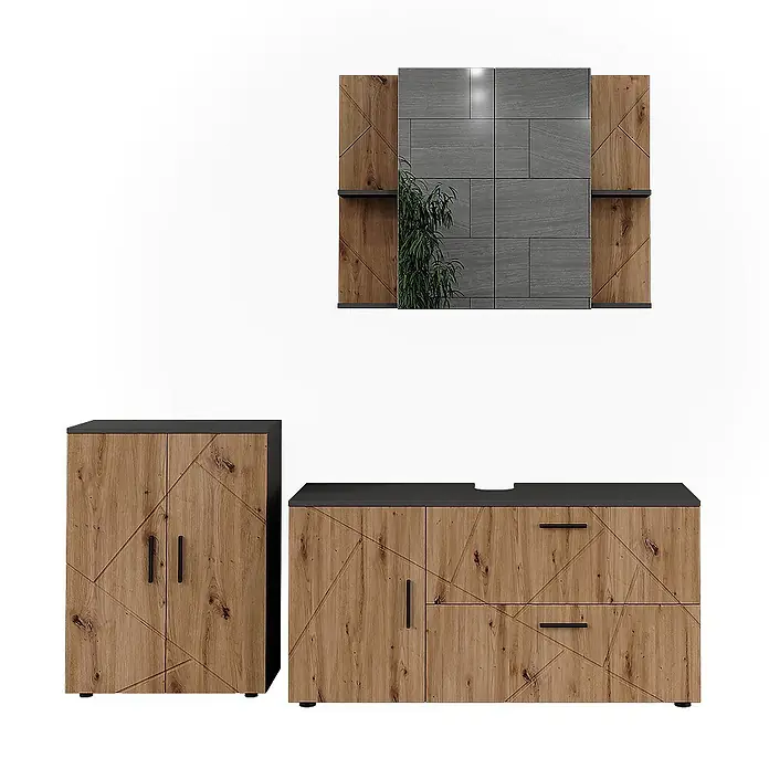 Vicco Badmöbel-Set Irma Anthrazit/Artisan 3 Teile - Anthrazit, Matt - Modernes Badmöbel-Set: Holzoptik-Schränke mit geometrischem Muster, dunklen Platten, grauer Fliesenspiegel.