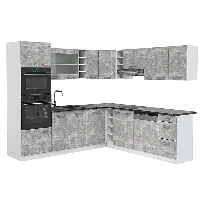 Vicco Eckküche R-Line Beton/Weiß, AP Anthrazit - B x T: 247 x 60 cm, Beton, Ohne Elektrogeräte - L-förmige Küchenzeile mit grauen Marmor-Effekt-Schränken, integrierten Öfen, Spüle, Kochfeld und Geschirrspüler.