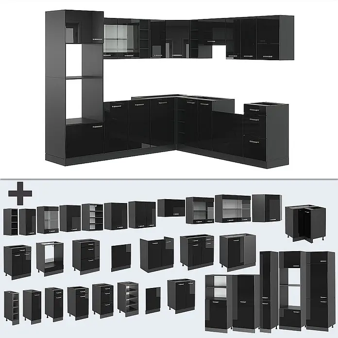 Vicco Eckküche R-Line Schwarz Hochglanz/Anthrazit, AP Anthrazit - B x T: 247 x 60 cm, Schwarz Hochglanz, Ohne Elektrogeräte - Modulare schwarze Hochglanz-Küchenschränke mit einigen Glastüren, montiert und als Einzelmodule dargestellt.