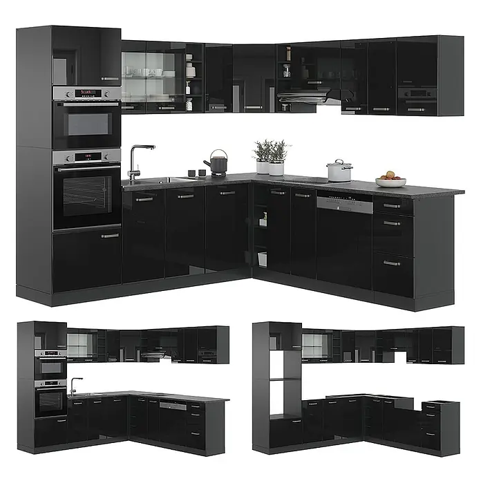 Vicco Eckküche R-Line Schwarz Hochglanz/Anthrazit, AP Anthrazit - B x T: 247 x 60 cm, Schwarz Hochglanz, Ohne Elektrogeräte - Moderne L-förmige Küche mit schwarzen Hochglanzschränken, dunkler Arbeitsplatte und integrierten Geräten.