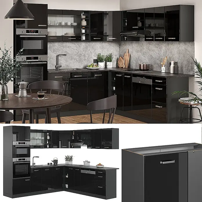 Vicco Eckküche R-Line Schwarz Hochglanz/Anthrazit, AP Anthrazit - B x T: 247 x 60 cm, Schwarz Hochglanz, Ohne Elektrogeräte - Hochglänzende schwarze L-förmige Küche mit integrierten Geräten wie Ofen, Mikrowelle, Spüle und Geschirrspüler.