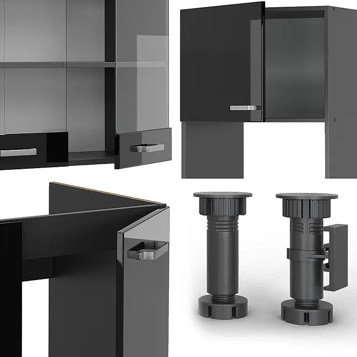 Vicco Eckküche R-Line Schwarz Hochglanz/Anthrazit, AP Anthrazit - B x T: 247 x 60 cm, Schwarz Hochglanz, Ohne Elektrogeräte - Dunkelgraue Schrankteile mit Glastüren, Schubladen und verstellbaren Füßen.