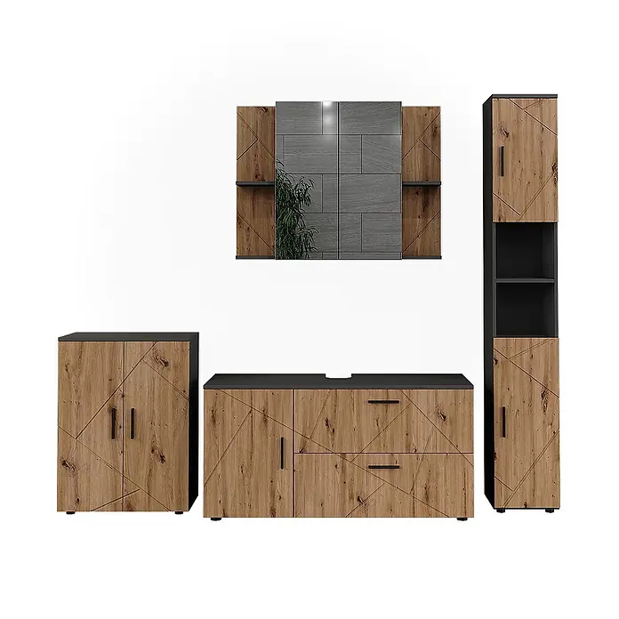Vicco Badmöbel-Set Irma Anthrazit/Artisan 4 Teile - Anthrazit, Matt - Modulares Möbelset in rustikaler Holzoptik mit schwarzen Akzenten und geometrischen Mustern, inklusive Schränken und Spiegeleinheit.