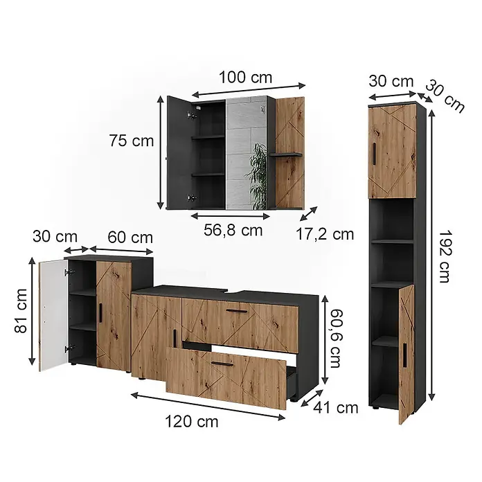 Vicco Badmöbel-Set Irma Anthrazit/Artisan 4 Teile - Anthrazit, Matt - Modulares Möbelset in Dunkelgrau und heller Holzoptik mit geometrischem Muster, inkl. Maßen für Stauraum und Präsentation.