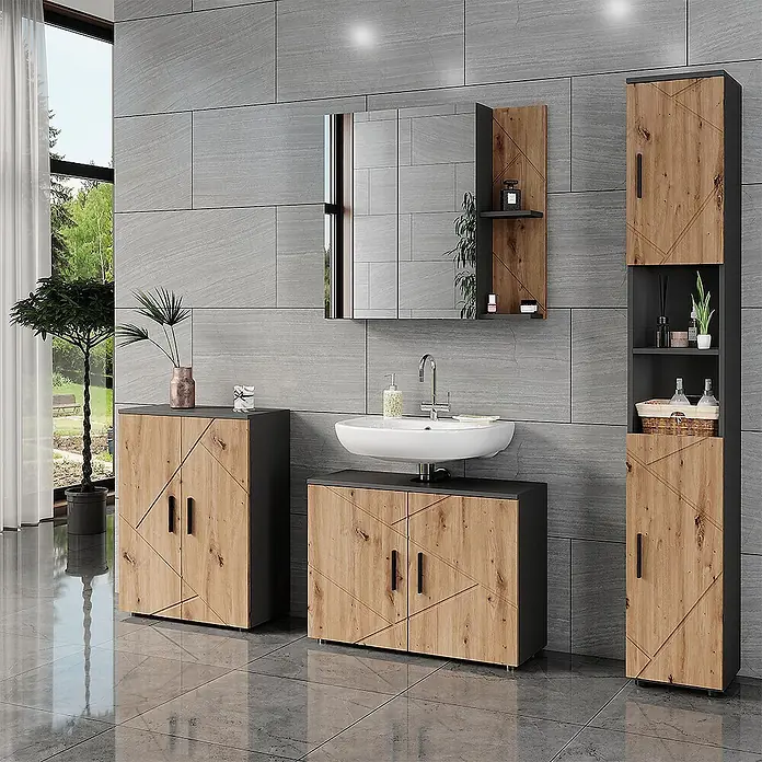 Vicco Badmöbel-Set Irma Anthrazit/Artisan 4 Teile - Anthrazit, Matt - Modernes Badmöbel-Set mit hellen Holzfronten und dunkelgrauen Akzenten, inklusive Waschtisch, Spiegelschrank und Aufbewahrungsschränken.
