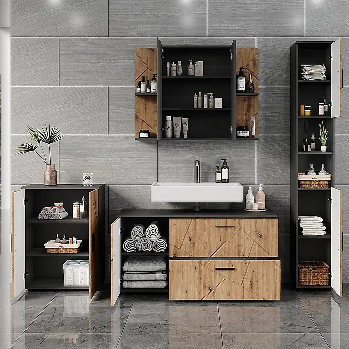 Vicco Badmöbel-Set Irma Anthrazit/Artisan 4 Teile - Anthrazit, Matt - Modernes dunkelgraues Badezimmermöbelset mit hellen Holzoptik-Fronten, Waschtisch mit weißem Waschbecken und mehreren Schränken.