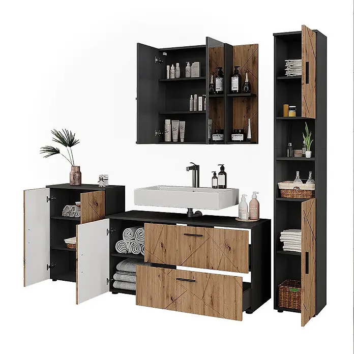 Vicco Badmöbel-Set Irma Anthrazit/Artisan 4 Teile - Anthrazit, Matt - Modernes dunkelgraues Badmöbelset mit hellen Holzfronten im geometrischen Muster, bestehend aus Waschbeckenunterschrank, Wandschränken und Aufbewahrungselementen.