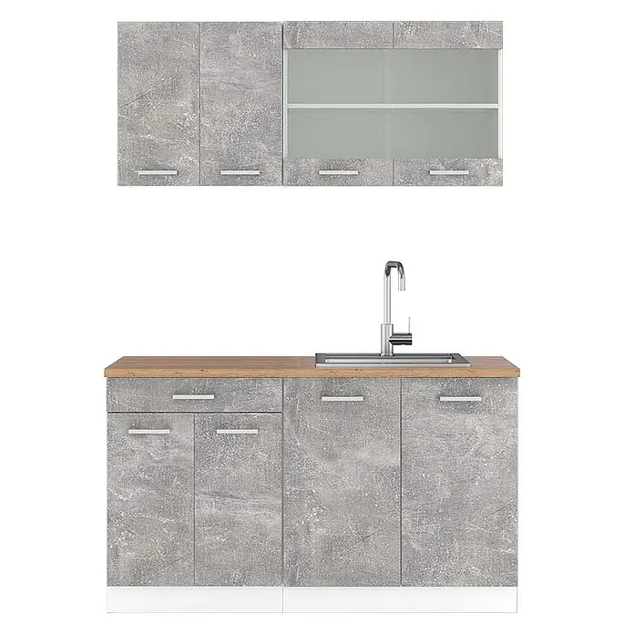Vicco Küchenzeile R-Line, Beton, 140 cm -  - Küchenzeile in Betonoptik mit Holzplatte und Spüle; Ober- und Unterschränke.