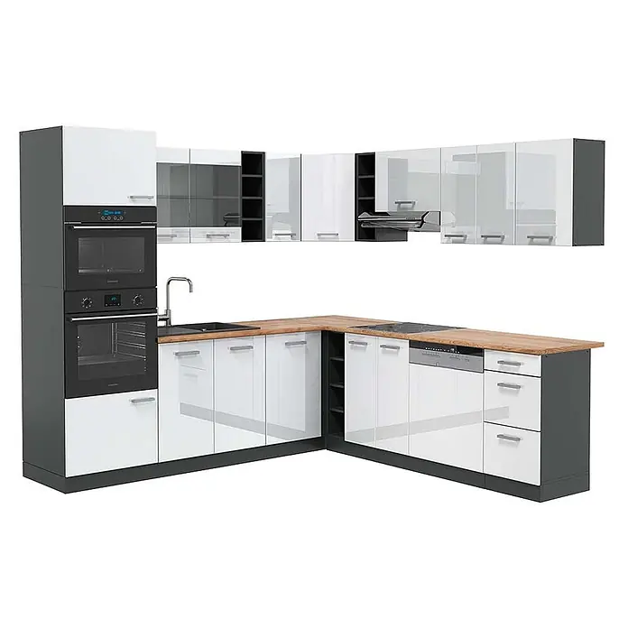 Vicco Eckküche R-Line Weiß Hochglanz/Anthrazit, AP Eiche - B x T: 247 x 60 cm, Weiß Hochglanz, Ohne Elektrogeräte - Moderne L-förmige Küche mit weißen Hochglanzfronten, dunkelgrauen Rahmen, Holzoptik-Arbeitsplatte und integrierten Geräten (Ofen, Kochfeld, Spüle, Spülmaschine).