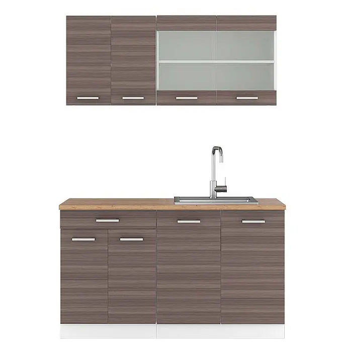Vicco Singleküche R-Line Edelgrau/Weiß, AP Eiche - Breite: 140 cm, Edelgrau, Mit AP Eiche - Küchenschrank-Set in brauner Holzoptik mit heller Arbeitsplatte und Spüle. Verfügt über obere Schränke mit Voll- und Milchglastüren sowie Unterschränke mit Schubladen.