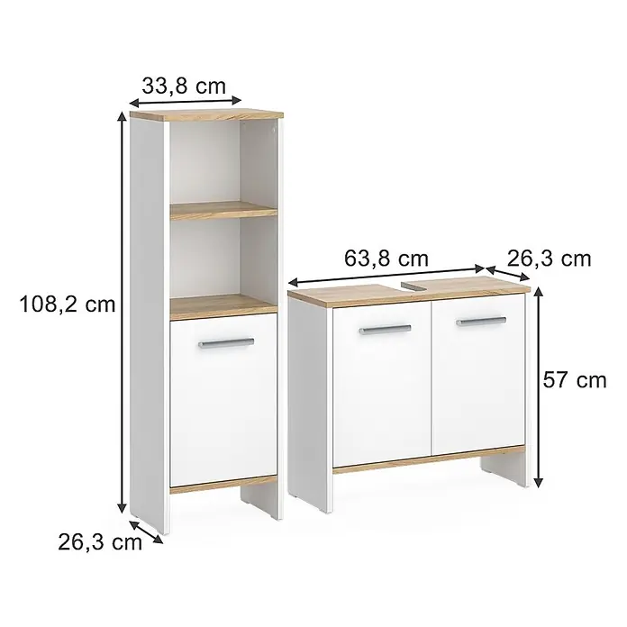 Vicco Badmöbel-Set Karli Weiß/Goldkraft Eiche 2 Teile - Weiß, Matt - Weißes Badmöbel-Set aus hellem Holz: ein Hochschrank mit Regalen und ein Unterschrank mit Waschtischausschnitt und Türen.